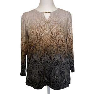Alfred Dunner Women's Small Blouse Ombre Paisley Print Beaded Keyhole Neck Top